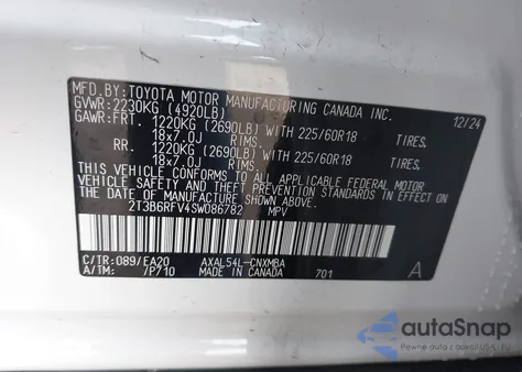 2025 Toyota Rav4 Hybrid Xle Premium z USA, uszkodzony, nr VIN 2T3B6RFV4SW086782